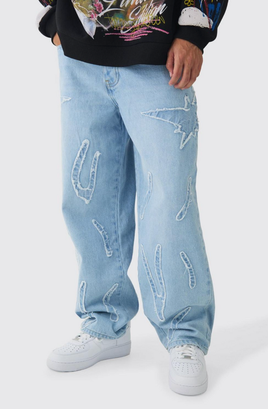 Baggy Rigid All Over Raw Edge Applique Jeans