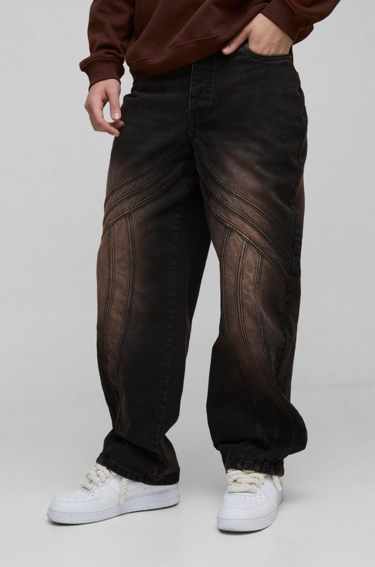 Relaxed Rigid Vintage Look Panelled Denim Jeans
