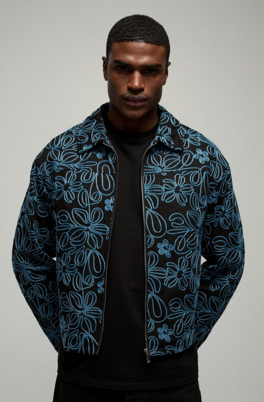 Boxy All Over Applique Floral Twill Harrington Jacket