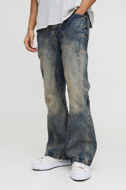 Relaxed Rigid Flare Washed Panelled Denim Jeans