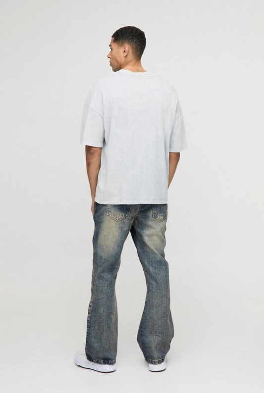 Relaxed Rigid Flare Washed Panelled Denim Jeans