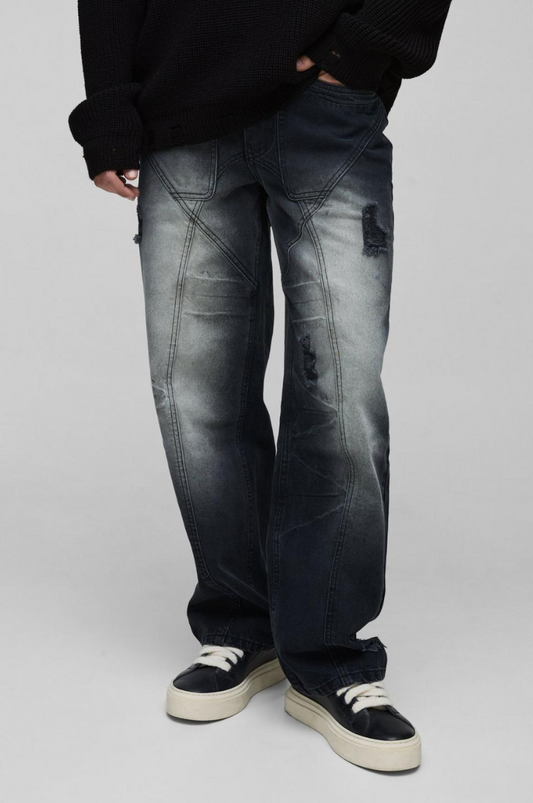 Relaxed Rigid Distressed Panelled Crinkle Wash Denim Jeans