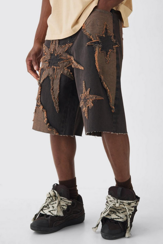 Regular Rigid Star Applique Denim Jorts In Brown