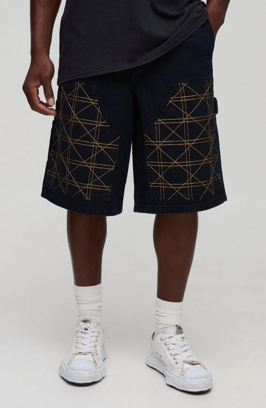 Regular Fit Carpenter Contrast Stitch Denim Jorts - Black