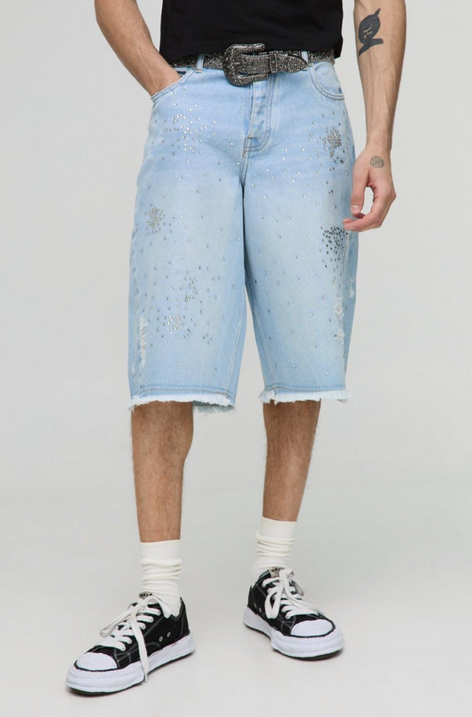 Longline Distressed Embellished Rigid Jorts In Blue