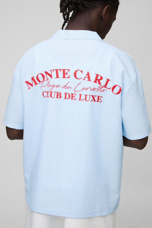 Oversized Embroidered Stripe Seersucker Revere Shirt