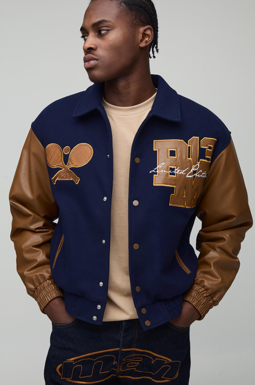 Boxy OFCL MAN Tennis Applique Melton Varsity Bomber Jacket