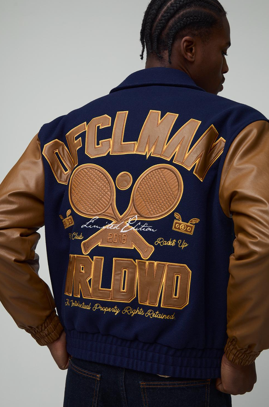 Boxy OFCL MAN Tennis Applique Melton Varsity Bomber Jacket