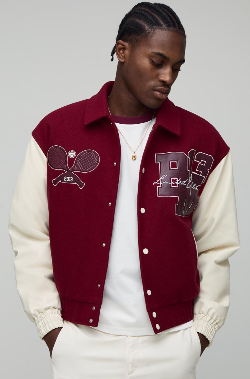 Boxy OFCL MAN Tennis Applique Melton Varsity Bomber Jacket