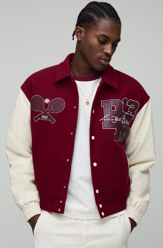 Boxy OFCL MAN Tennis Applique Melton Varsity Bomber Jacket