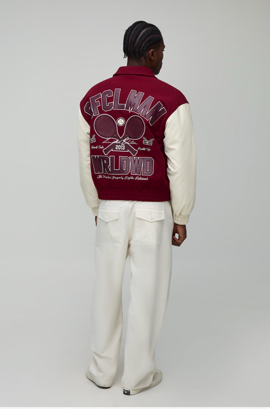 Boxy OFCL MAN Tennis Applique Melton Varsity Bomber Jacket