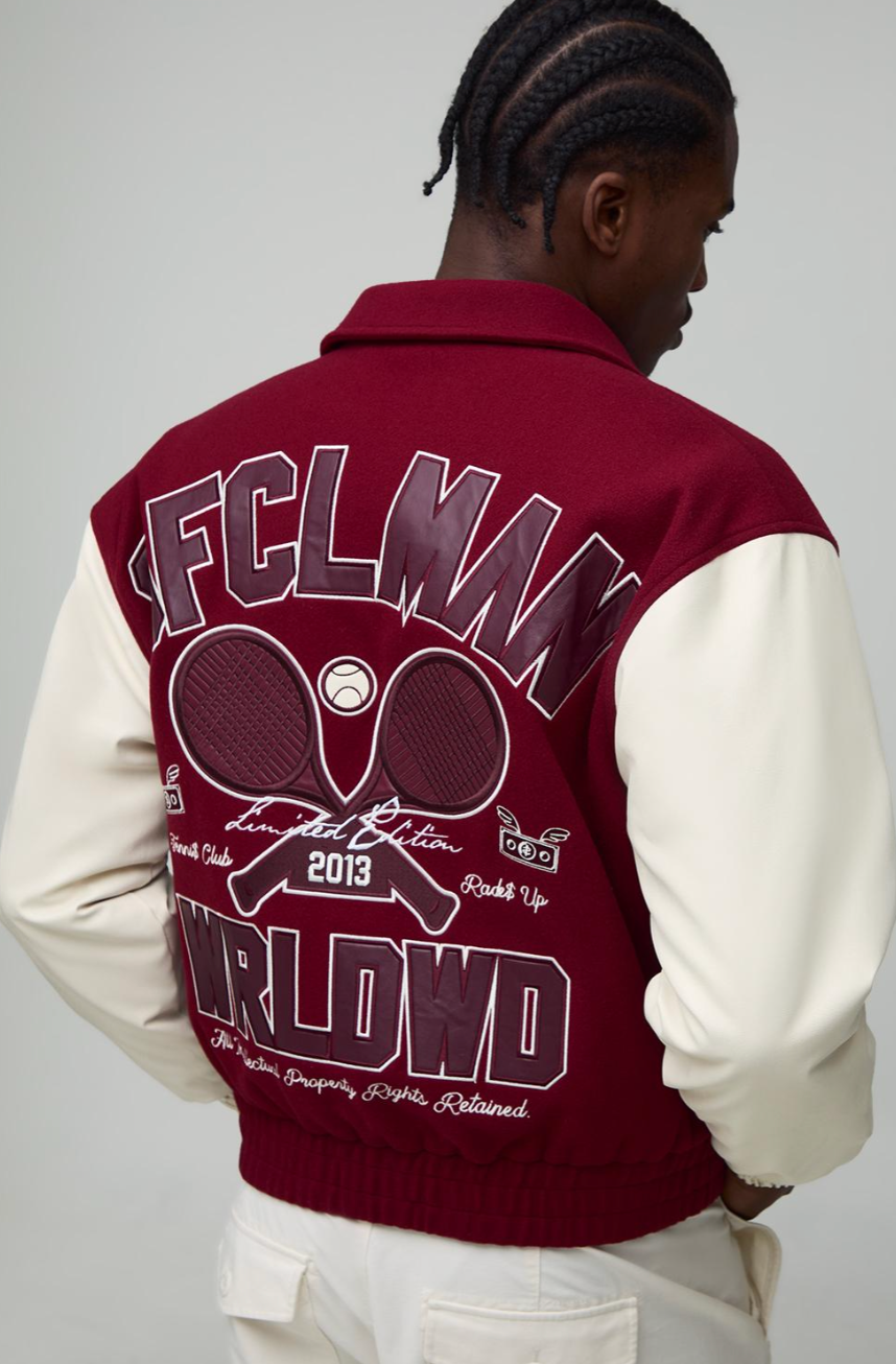 Boxy OFCL MAN Tennis Applique Melton Varsity Bomber Jacket