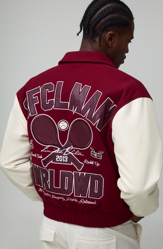Boxy OFCL MAN Tennis Applique Melton Varsity Bomber Jacket