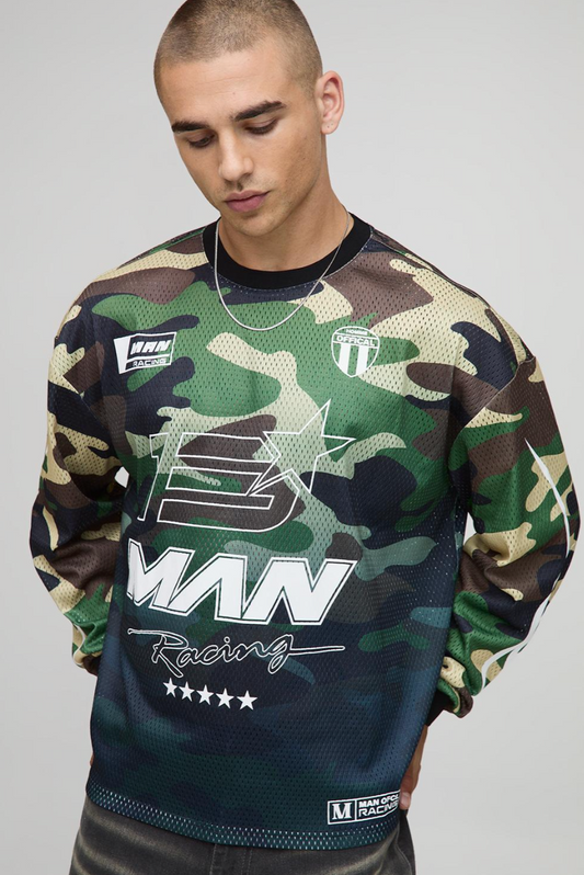 Oversized Boxy Mesh Camo Moto MAN Long Sleeve Hockey Top