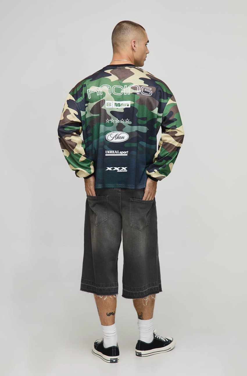 Oversized Boxy Mesh Camo Moto MAN Long Sleeve Hockey Top