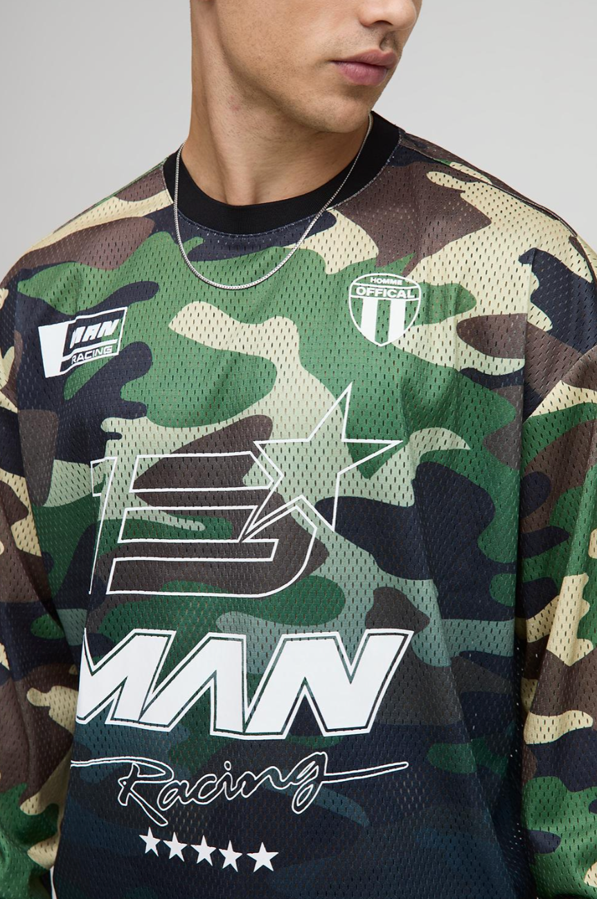 Oversized Boxy Mesh Camo Moto MAN Long Sleeve Hockey Top