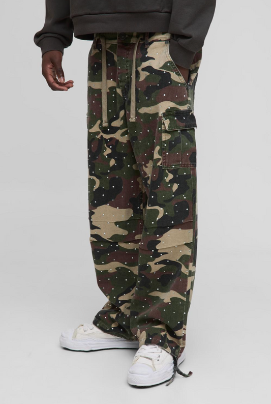 Relaxed Rhinestone Camo Cargo Pants