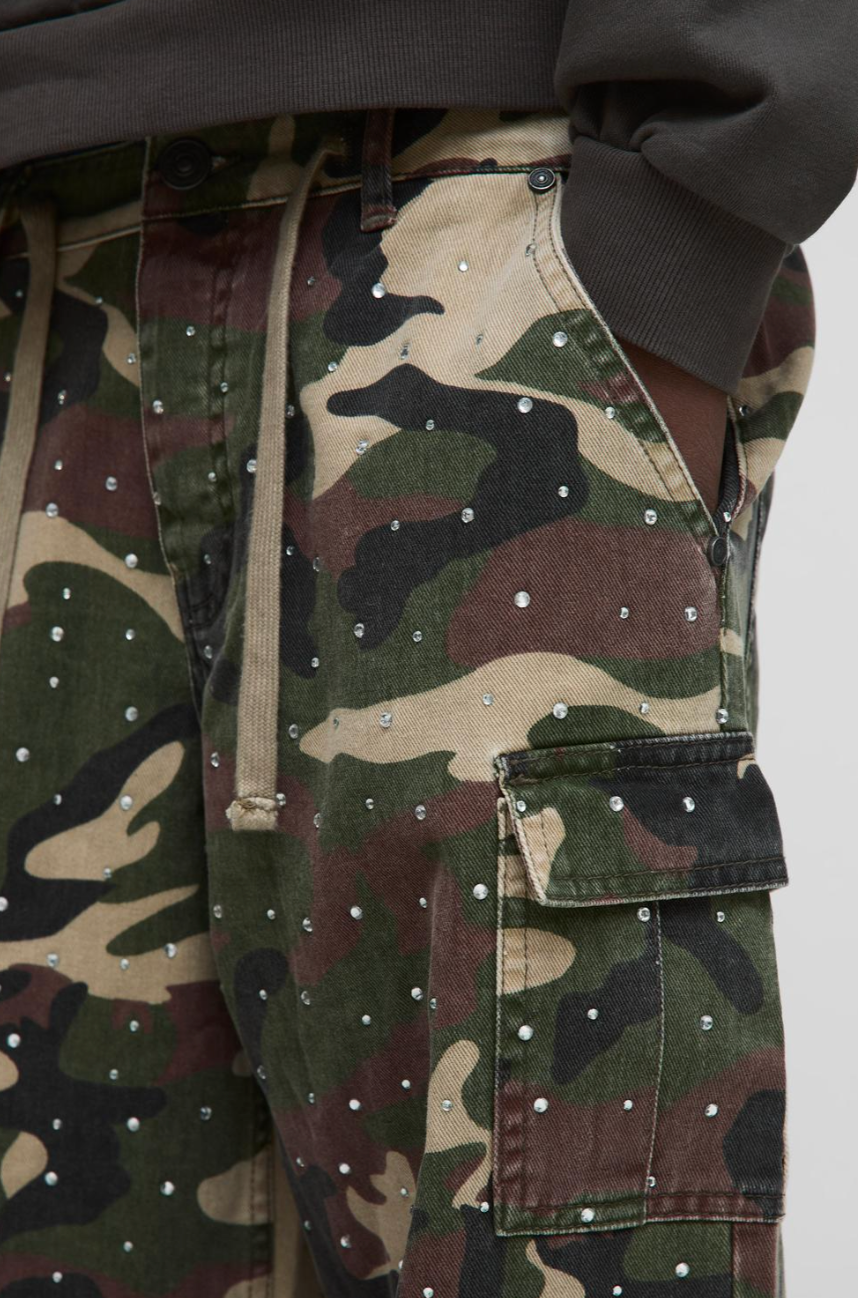 Relaxed Rhinestone Camo Cargo Pants