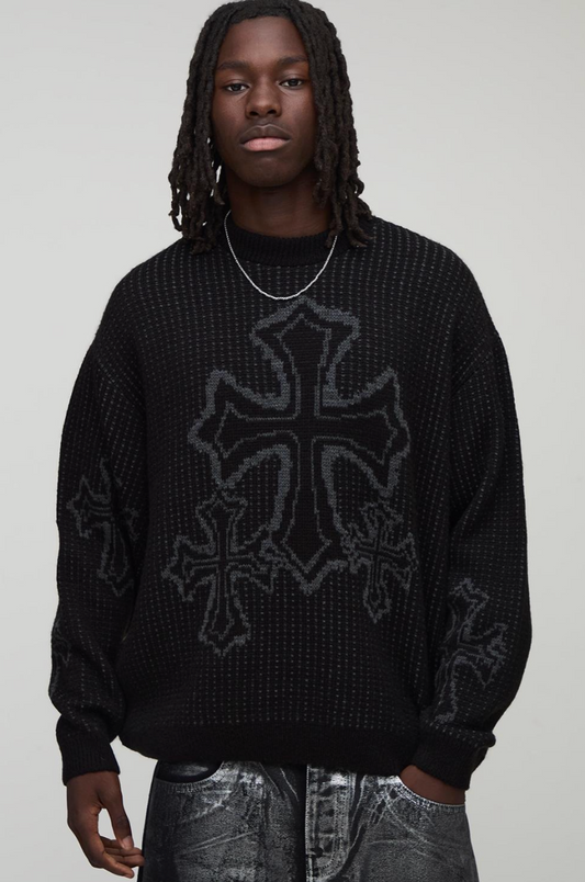 Oversized Boxy Fluffy Cross Jacquard Knitted Jumper