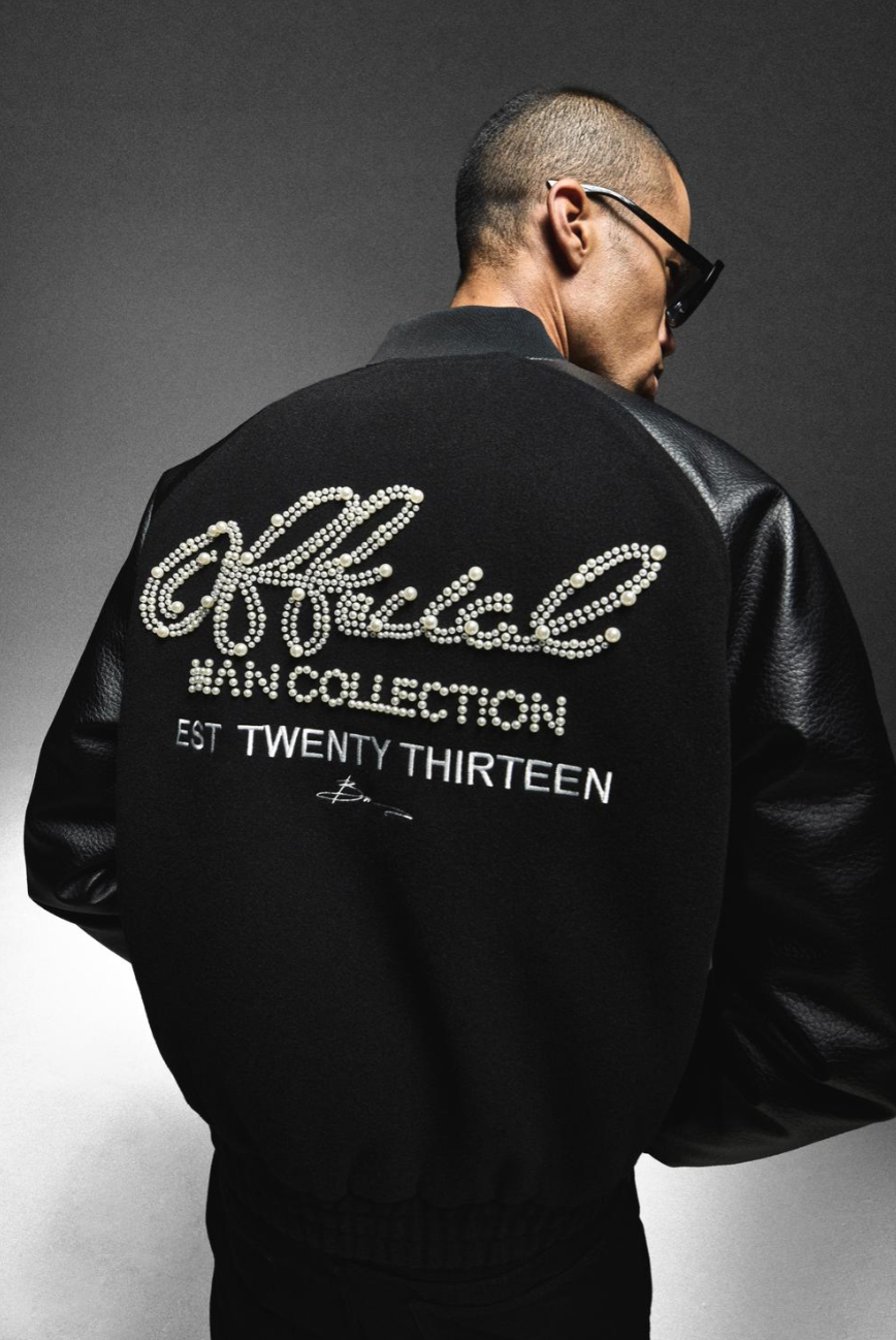 Man Raglan Boxy Faux Pearl Embellished Melton Bomber Jacket