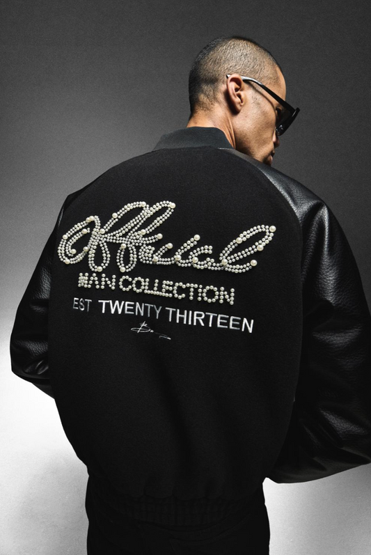 Man Raglan Boxy Faux Pearl Embellished Melton Bomber Jacket