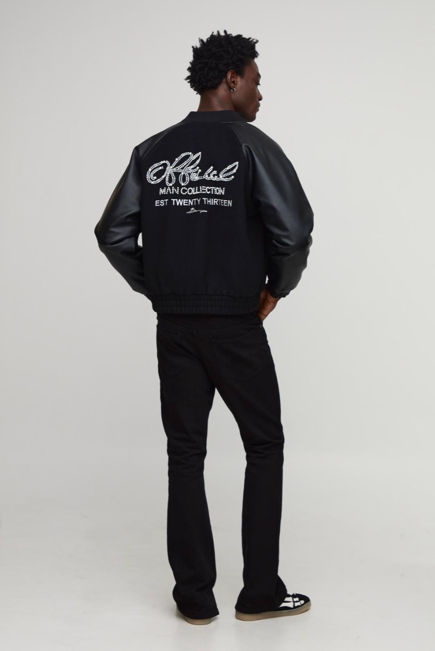 Man Raglan Boxy Faux Pearl Embellished Melton Bomber Jacket