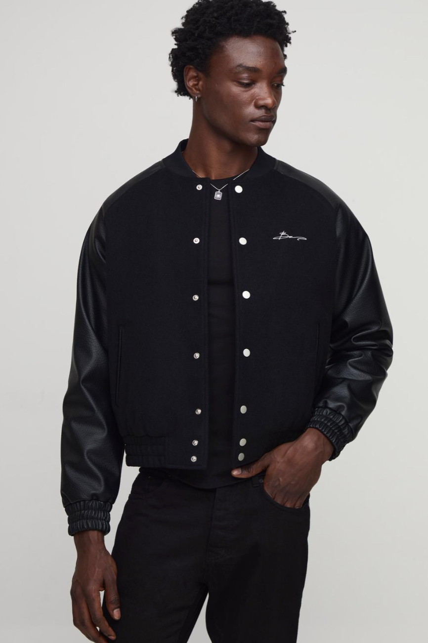 Man Raglan Boxy Faux Pearl Embellished Melton Bomber Jacket