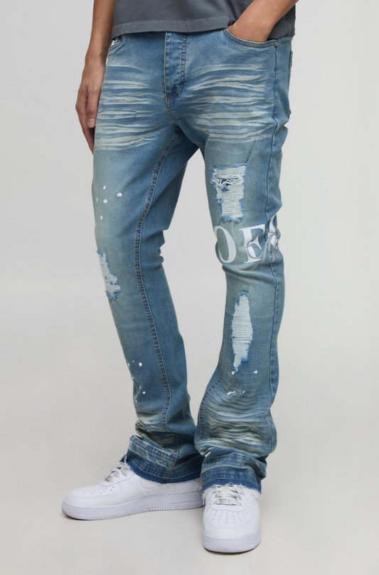 Skinny Stretch Flared Stacked Printed Rip & Repair Denim Jeans