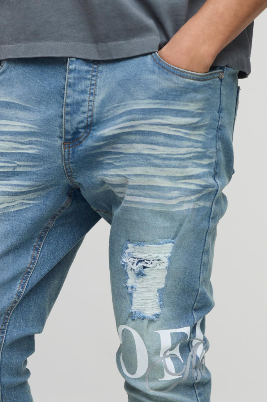 Skinny Stretch Flared Stacked Printed Rip & Repair Denim Jeans