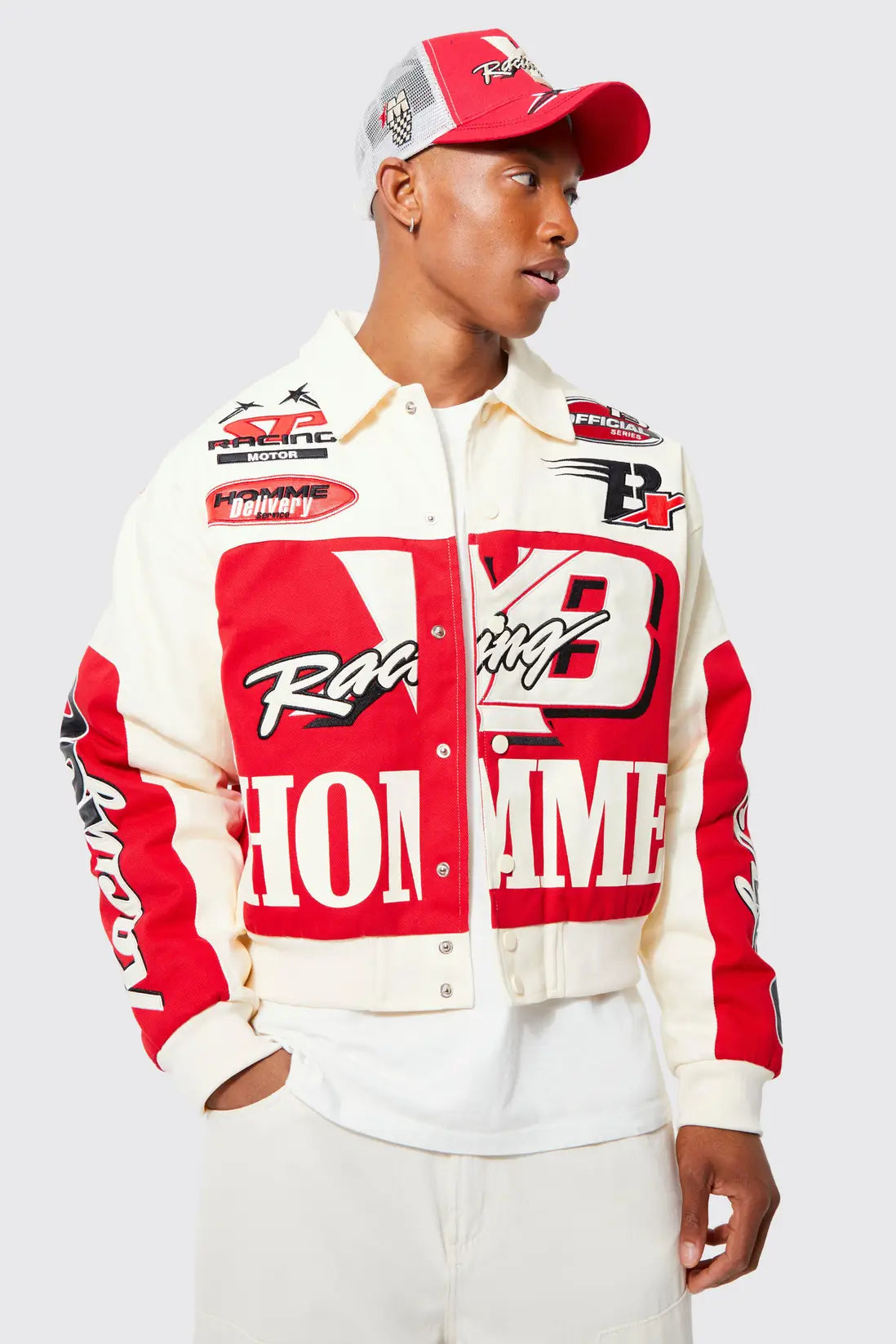 Boxy Twill Homme Moto Bomber Jacket