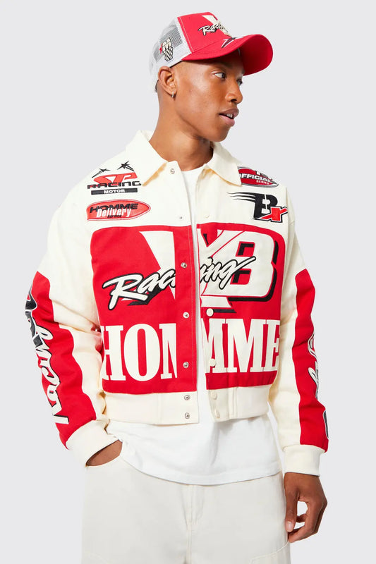 Boxy Twill Homme Moto Bomber Jacket