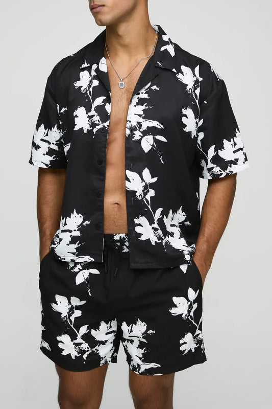 Oversized Boxy Viscose Printed Shirt & Swim Set