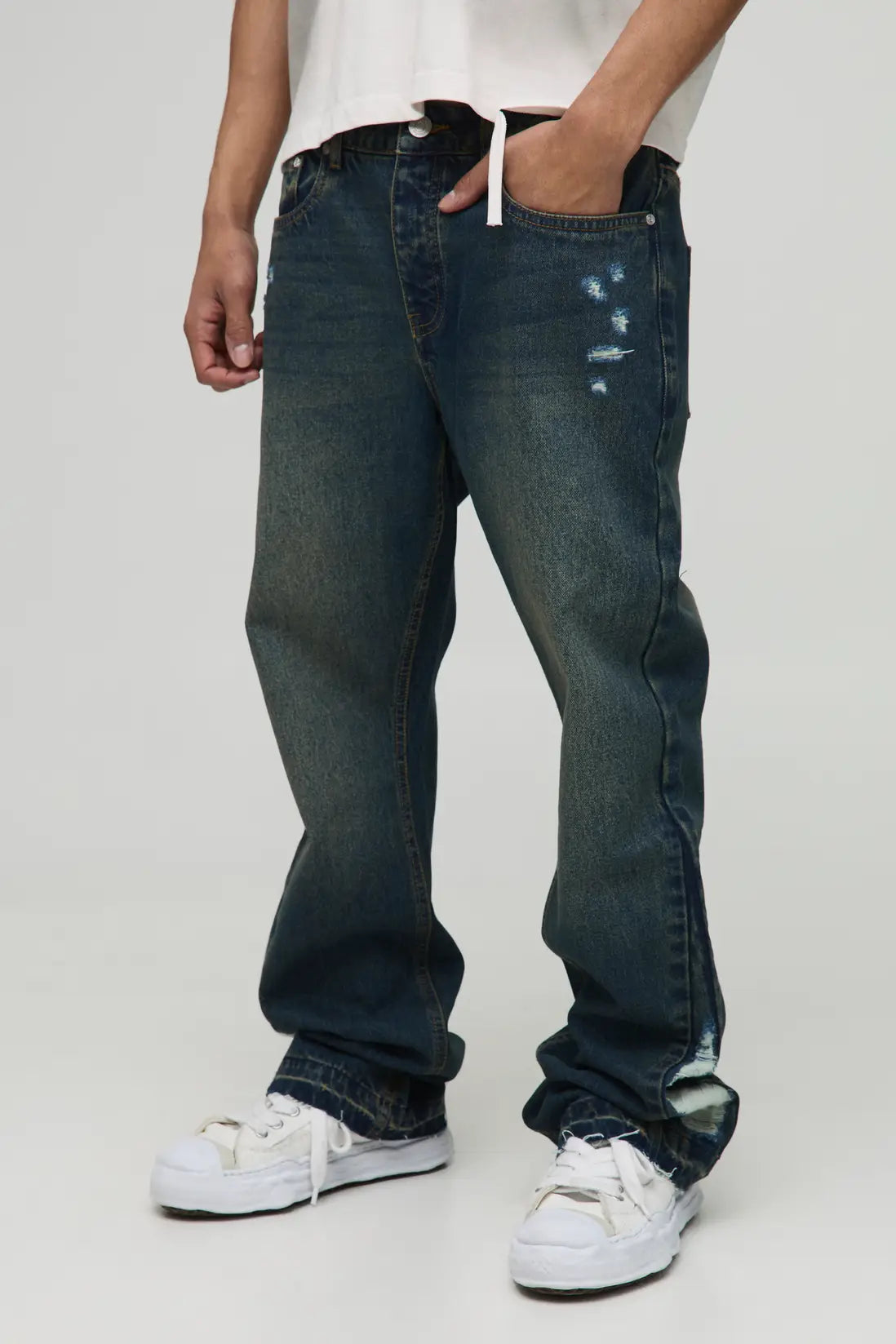 Slim Flared Vintage Blue Washed Distressed Gusset Jeans