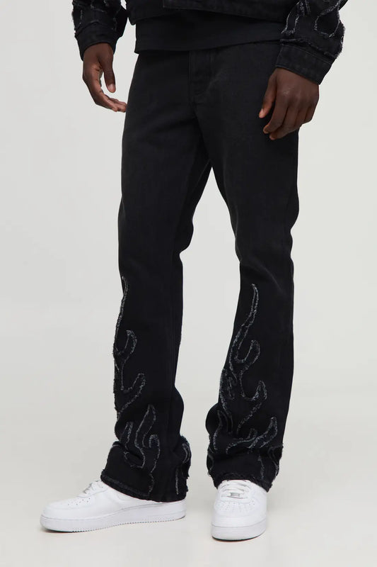 Flame Applique Stacked Slim Fit Flared Jeans