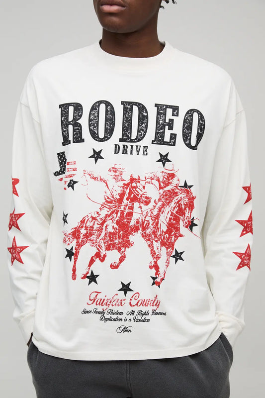 Ecru Oversized Rodeo Drive Star Long Sleeve Washed Graphic T-Shirt