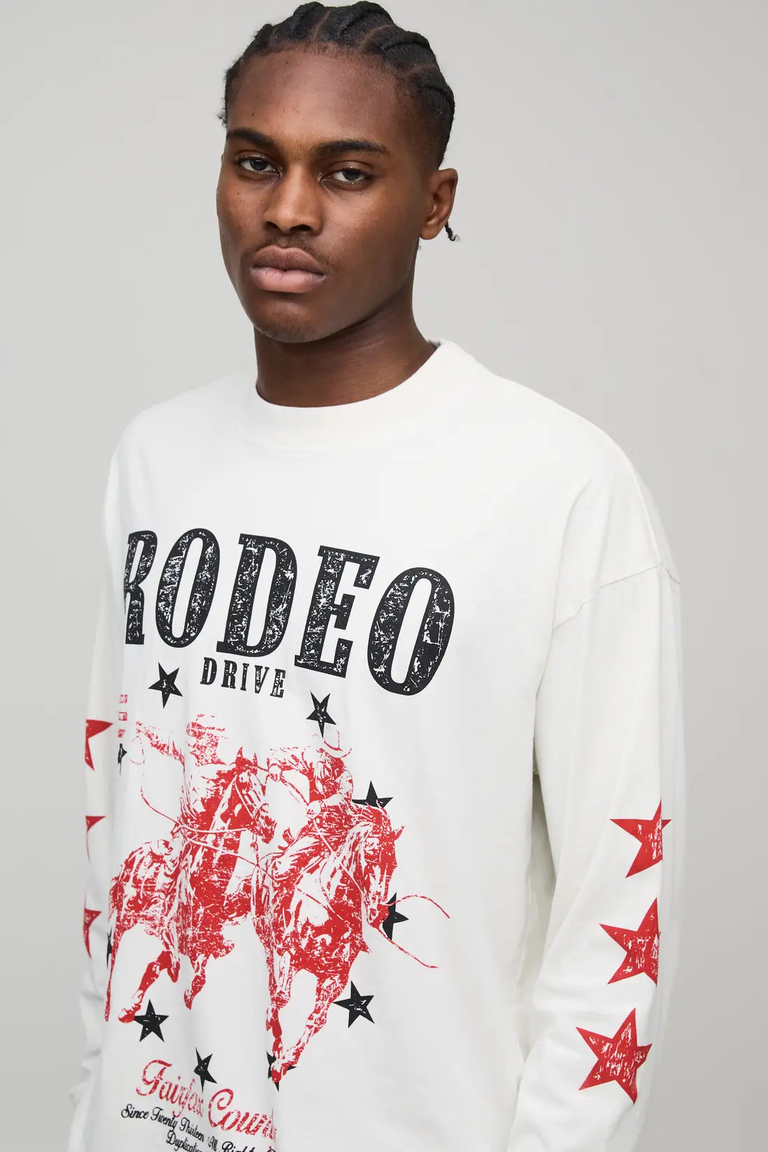 Ecru Oversized Rodeo Drive Star Long Sleeve Washed Graphic T-Shirt