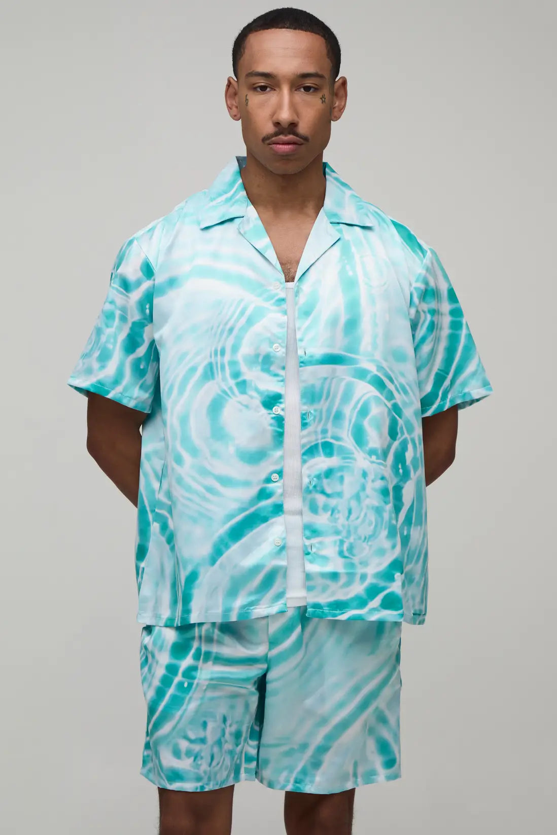 Oversized Short Sleeve Water Print Satin Shirt & Short Set