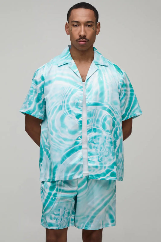 Oversized Short Sleeve Water Print Satin Shirt & Short Set