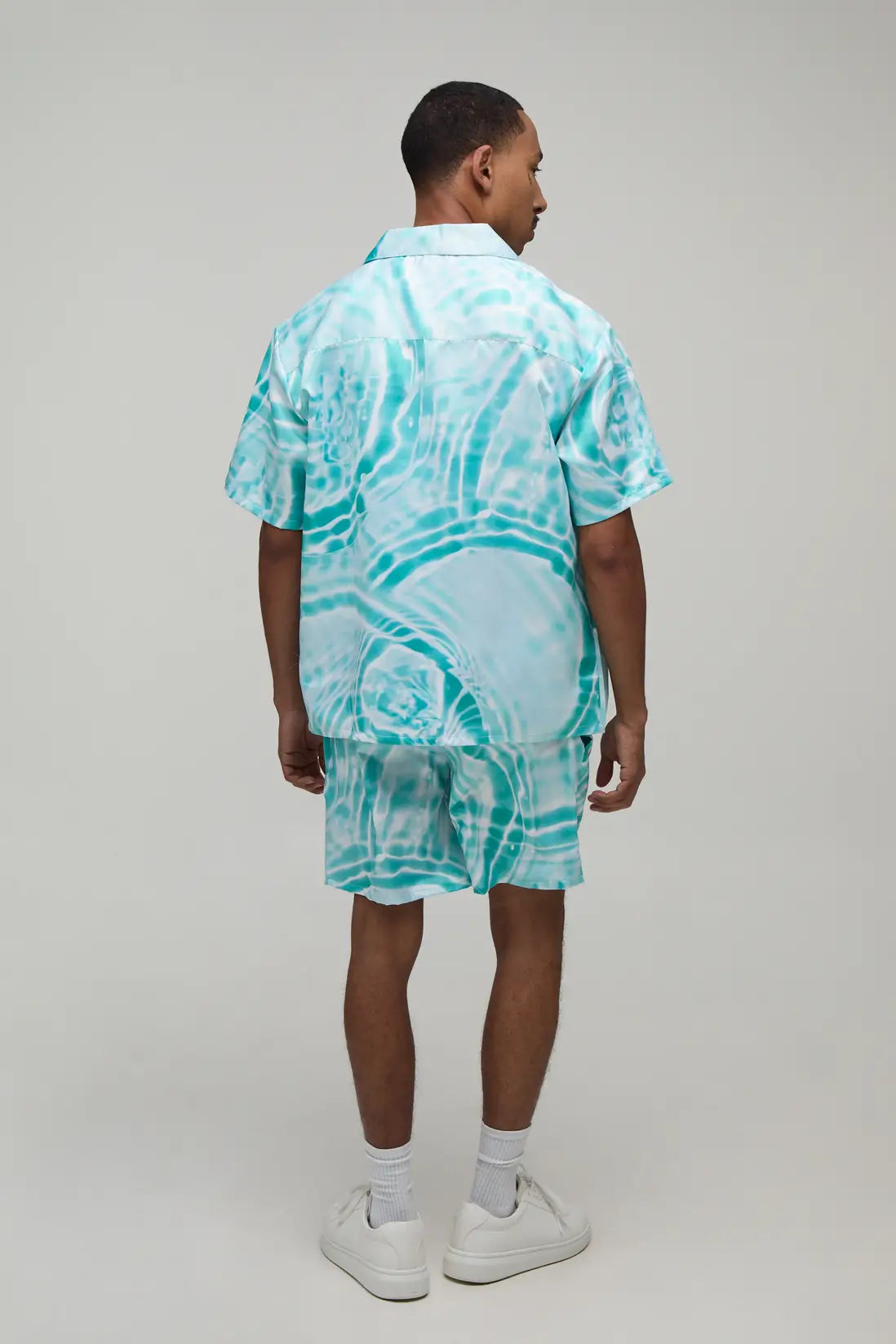 Oversized Short Sleeve Water Print Satin Shirt & Short Set