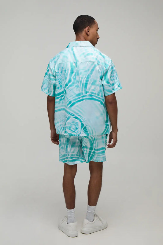 Oversized Short Sleeve Water Print Satin Shirt & Short Set