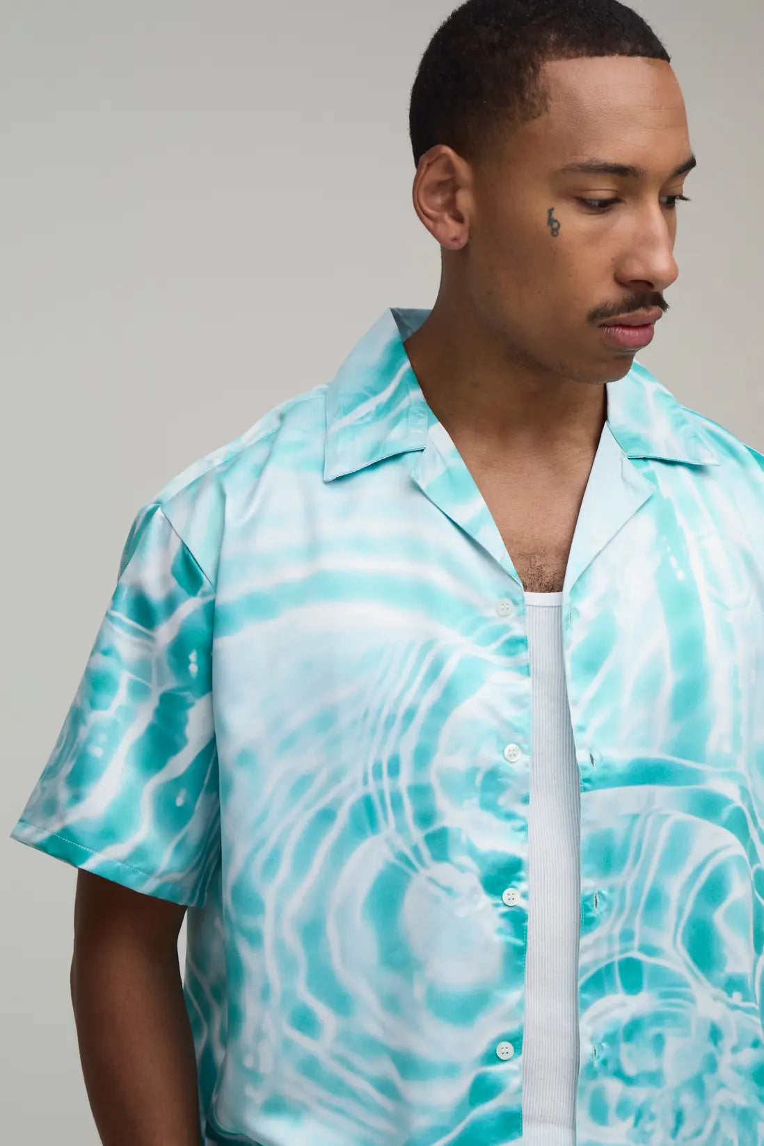 Oversized Short Sleeve Water Print Satin Shirt & Short Set