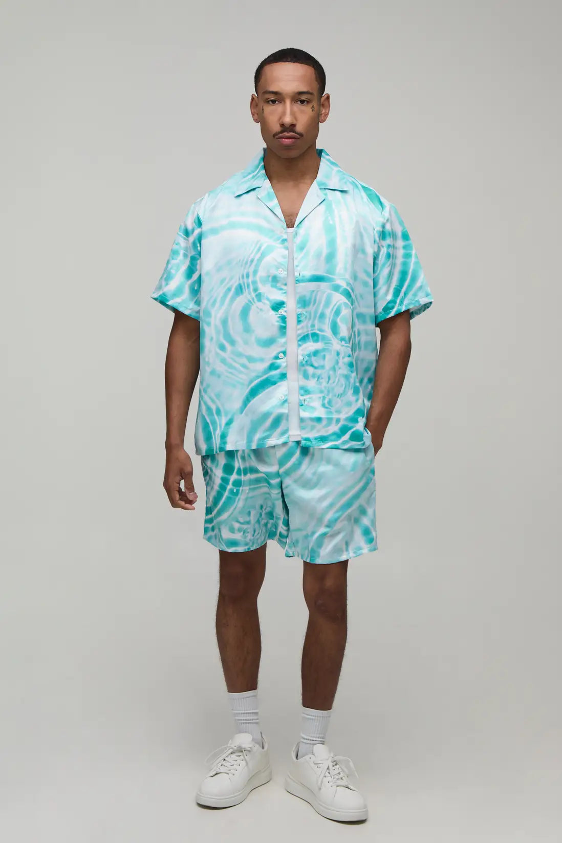 Oversized Short Sleeve Water Print Satin Shirt & Short Set