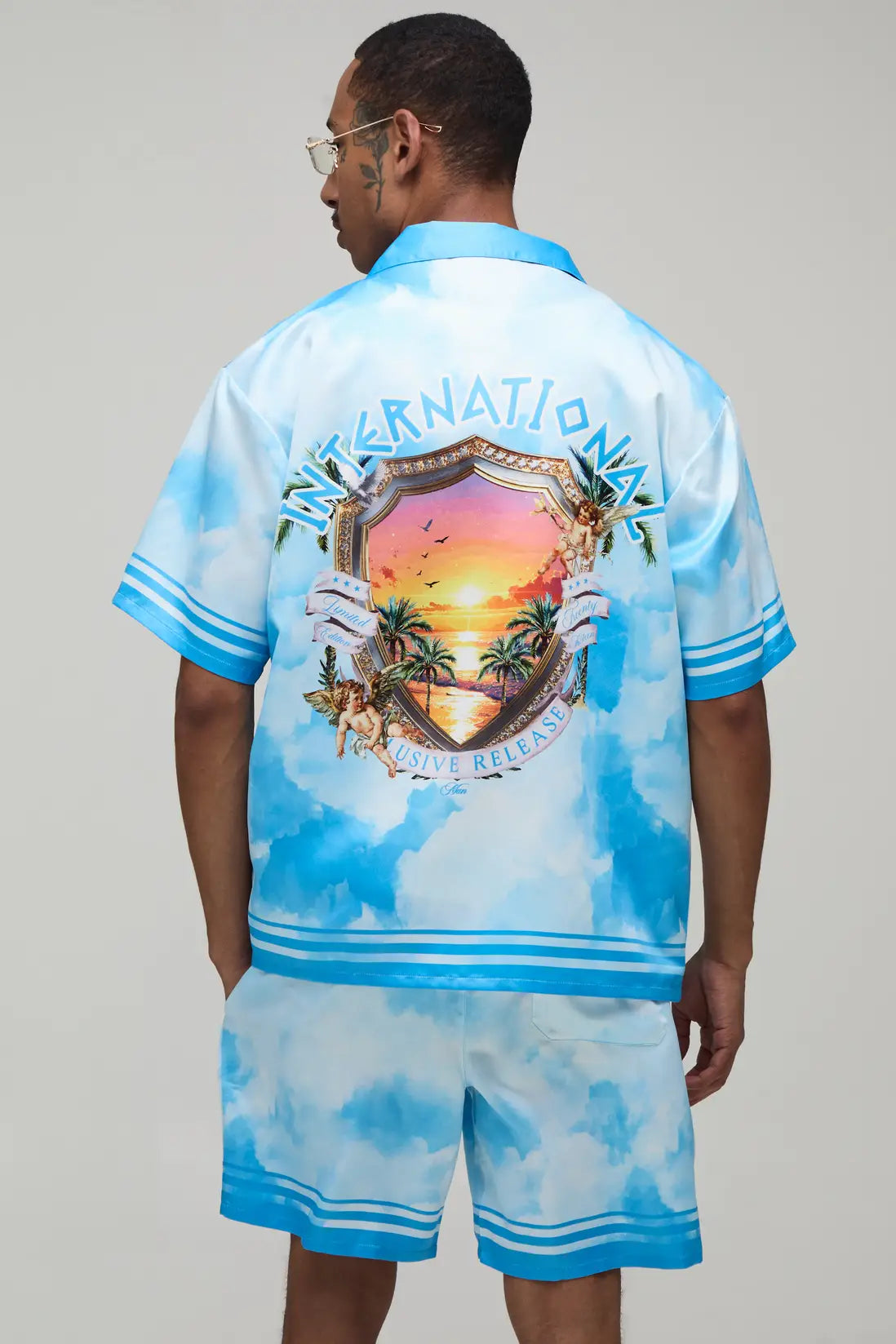 Oversized Short Sleeve Abstract Location Print Satin Shirt & Short Set