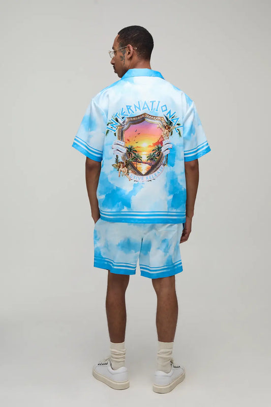 Oversized Short Sleeve Abstract Location Print Satin Shirt & Short Set