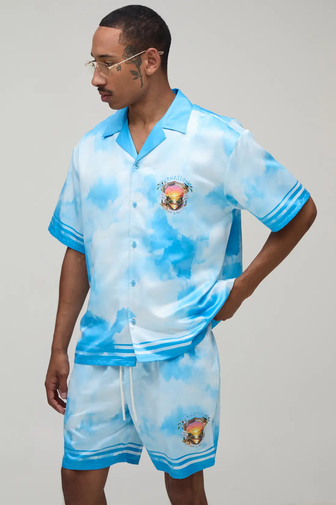 Oversized Short Sleeve Abstract Location Print Satin Shirt & Short Set