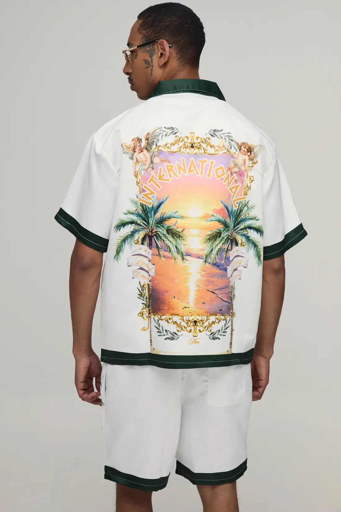 Oversized Half Sleeve Location Print Satin Shirt & Short Set