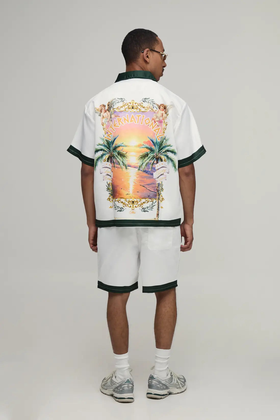 Oversized Half Sleeve Location Print Satin Shirt & Short Set
