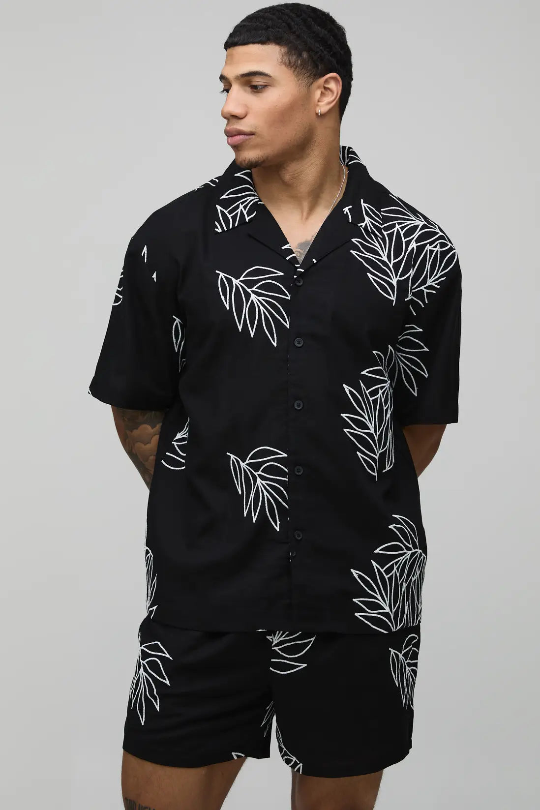 Palm Embroidered Oversized Linen Shirt & Relaxed Short Set