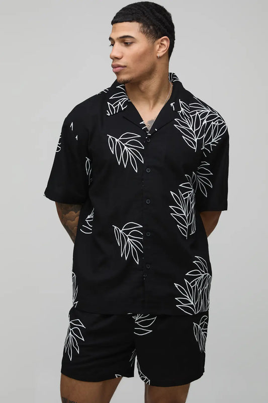 Palm Embroidered Oversized Linen Shirt & Relaxed Short Set