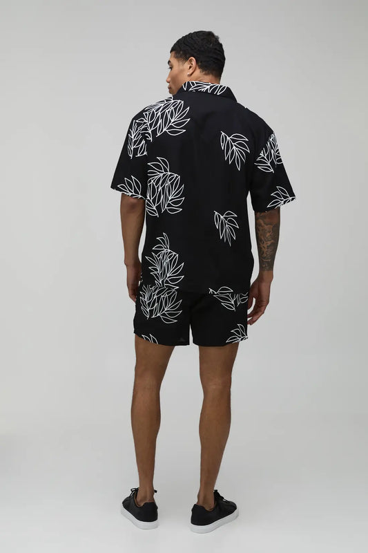 Palm Embroidered Oversized Linen Shirt & Relaxed Short Set